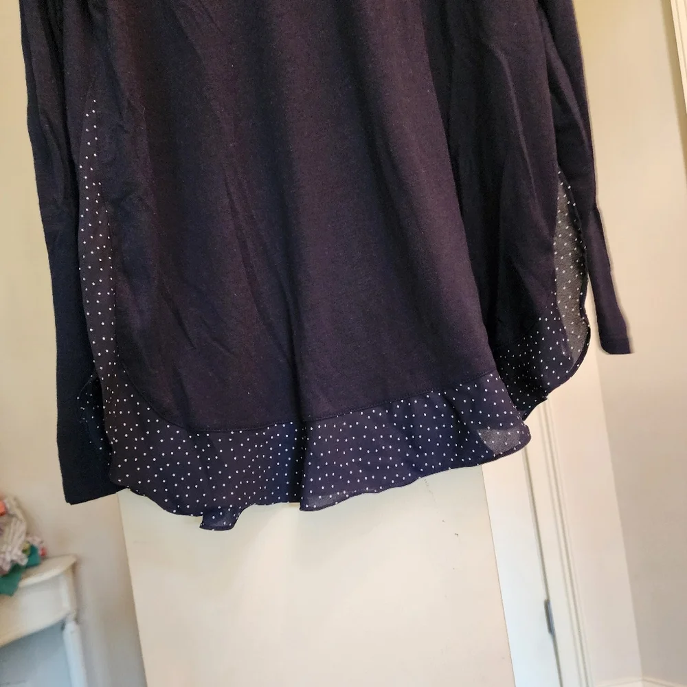 LOFT Medium Blue Long Sleeve Boxy Blouse Polka Dot Trim Detail - Picture 3 of 5